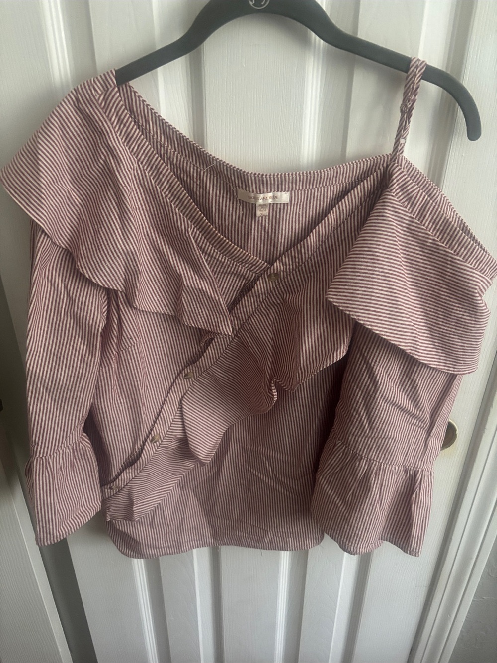Skies Are Blue Mauve-Pink Striped Ruffle Off-Shoulder Top